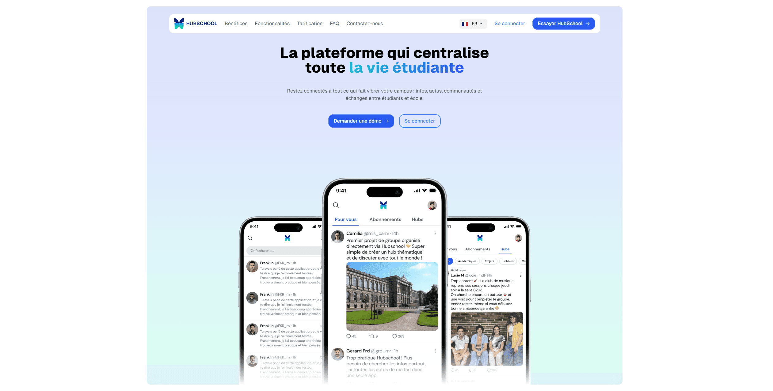 Website landing page showing a student life platform with three mobile phone interfaces.